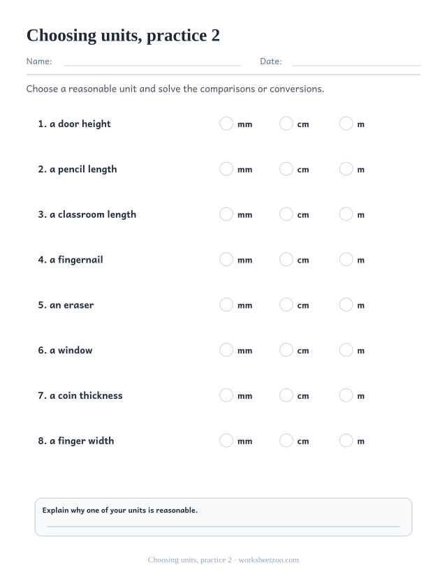 Measurement Worksheets page for Choosing units, practice 2