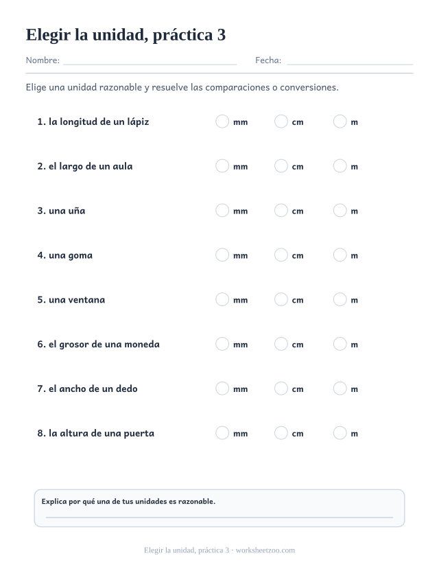 Fichas de medidas de elegir la unidad, práctica 3