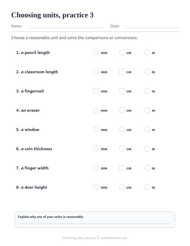 Measurement Worksheets page for Choosing units, practice 3