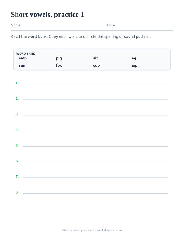 Phonics Practice Worksheets page for Short vowels, practice 1