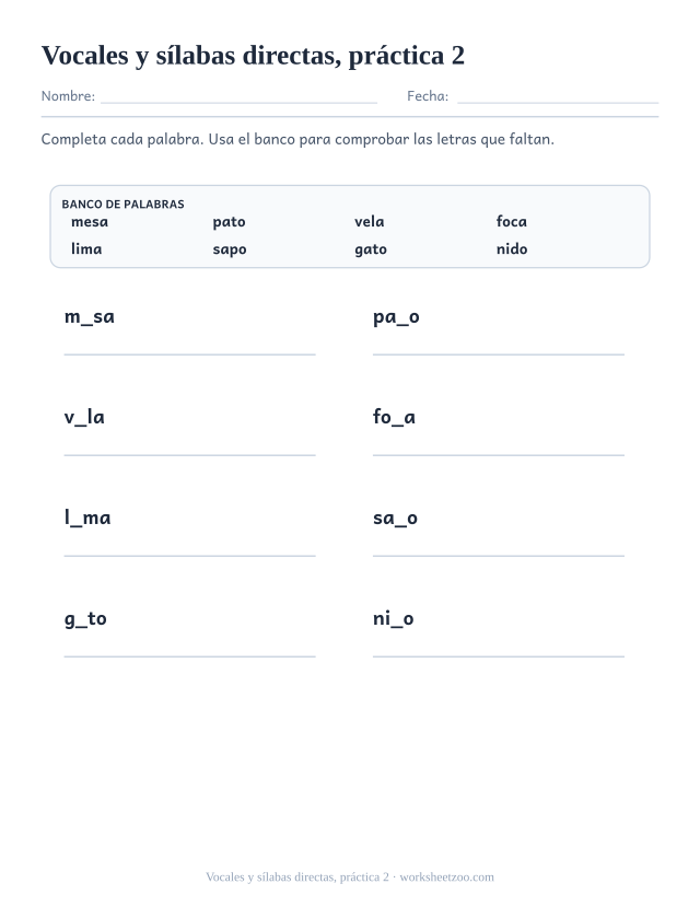 Fichas de fonética de vocales y sílabas directas, práctica 2