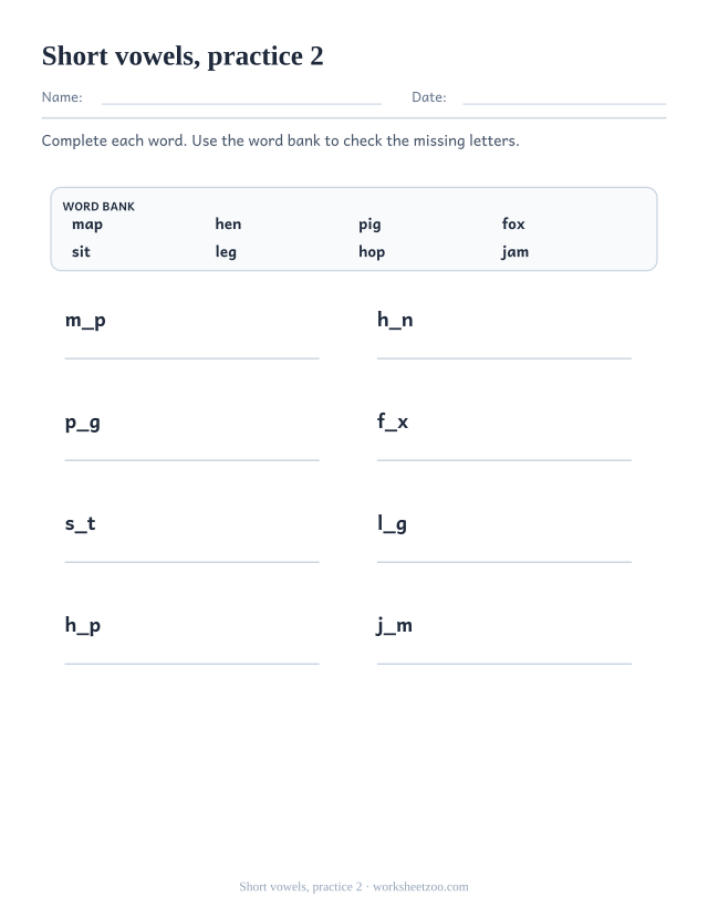 Phonics Practice Worksheets page for Short vowels, practice 2