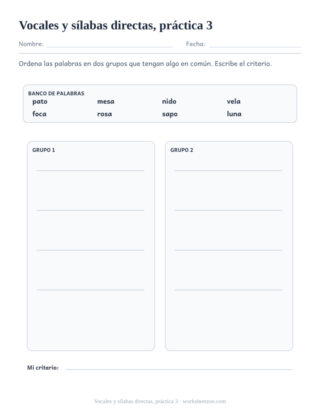 Fichas de fonética de vocales y sílabas directas, práctica 3