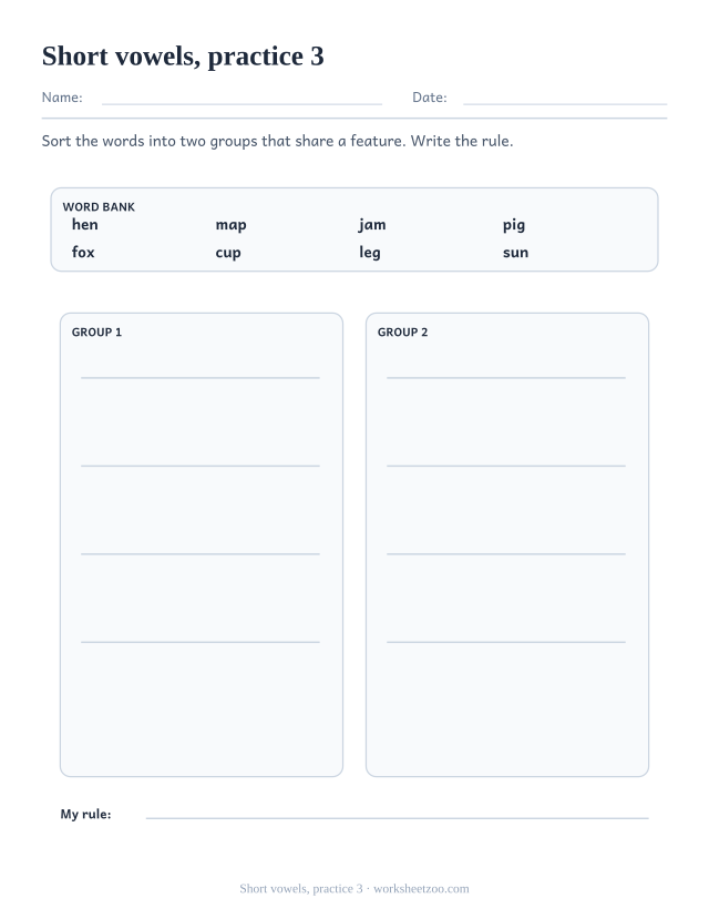 Phonics Practice Worksheets page for Short vowels, practice 3