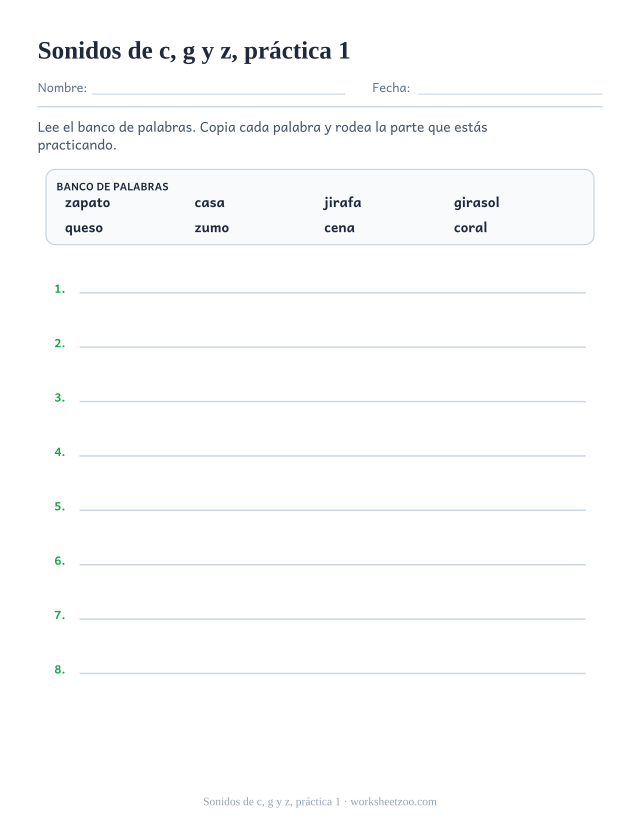 Fichas de fonética de sonidos de c, g y z, práctica 1