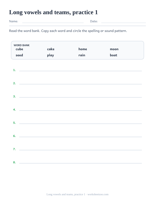 Phonics Practice Worksheets page for Long vowels and teams, practice 1