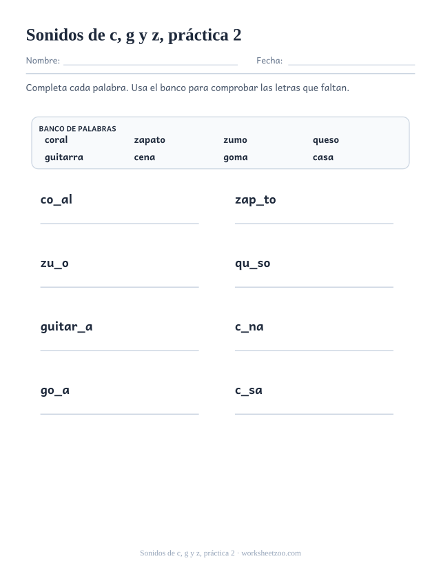 Fichas de fonética de sonidos de c, g y z, práctica 2