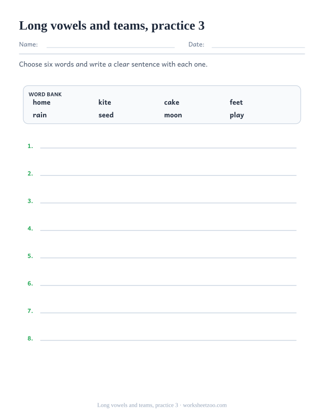 Phonics Practice Worksheets page for Long vowels and teams, practice 3