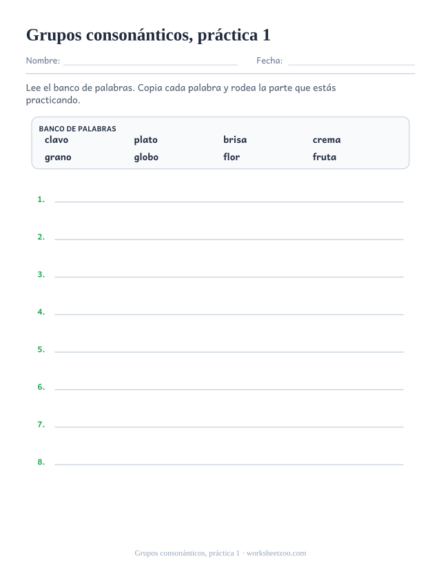 Fichas de fonética de grupos consonánticos, práctica 1