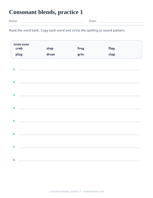 Phonics Practice Worksheets page for Consonant blends, practice 1