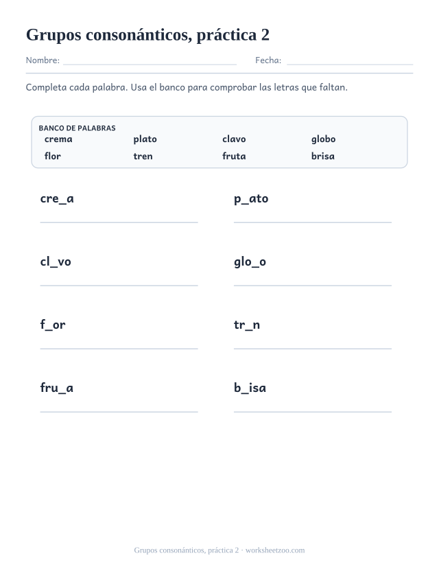 Fichas de fonética de grupos consonánticos, práctica 2