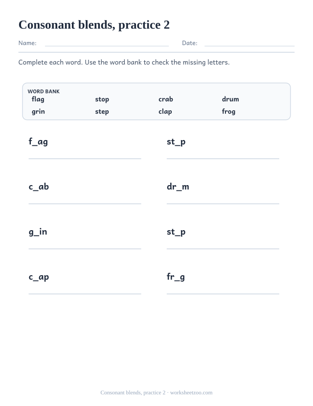 Phonics Practice Worksheets page for Consonant blends, practice 2