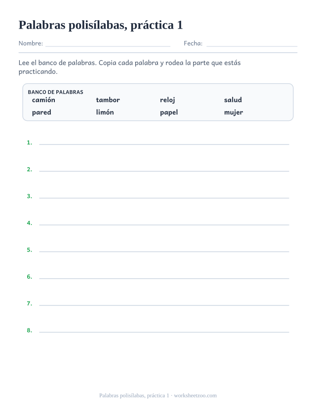 Fichas de fonética de palabras polisílabas, práctica 1