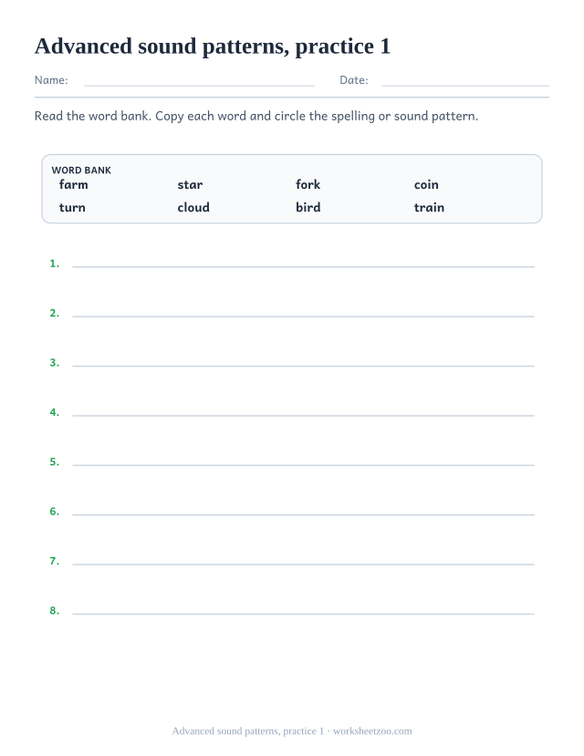 Phonics Practice Worksheets page for Advanced sound patterns, practice 1