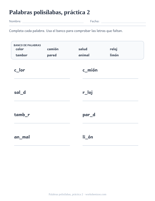 Fichas de fonética de palabras polisílabas, práctica 2