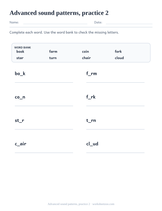 Phonics Practice Worksheets page for Advanced sound patterns, practice 2