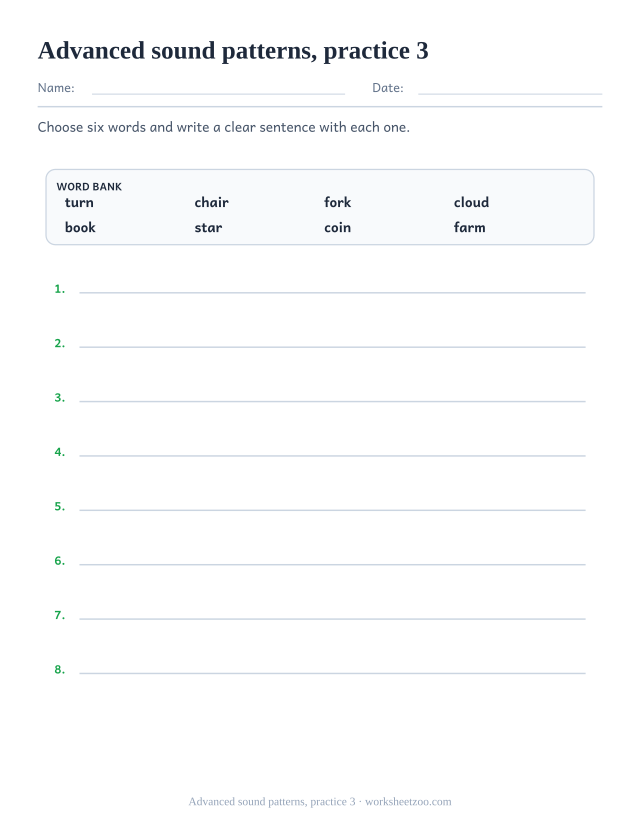 Phonics Practice Worksheets page for Advanced sound patterns, practice 3