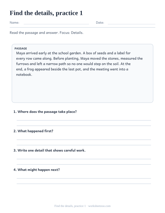 Reading Comprehension Worksheets page for Find the details, practice 1
