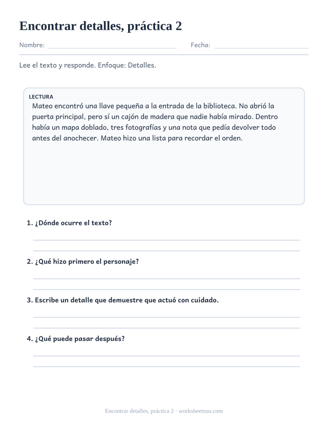 Fichas de comprensión lectora de encontrar detalles, práctica 2