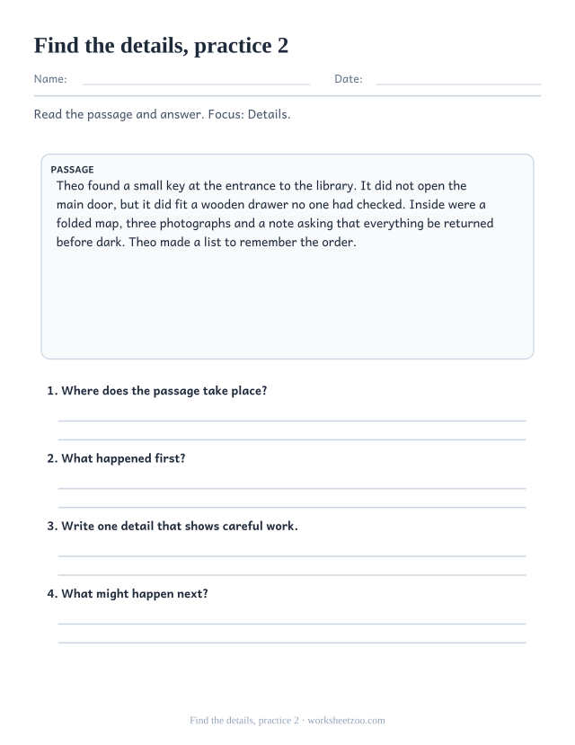 Reading Comprehension Worksheets page for Find the details, practice 2
