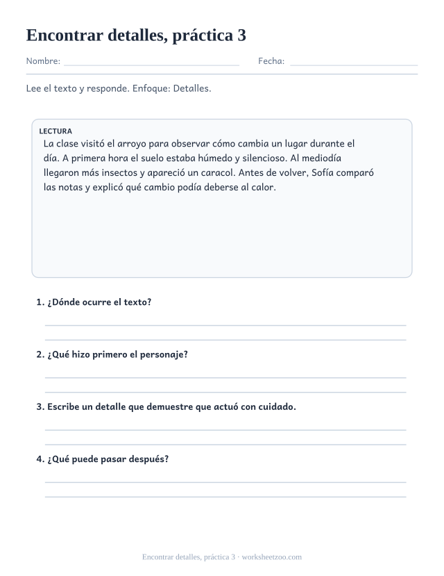Fichas de comprensión lectora de encontrar detalles, práctica 3