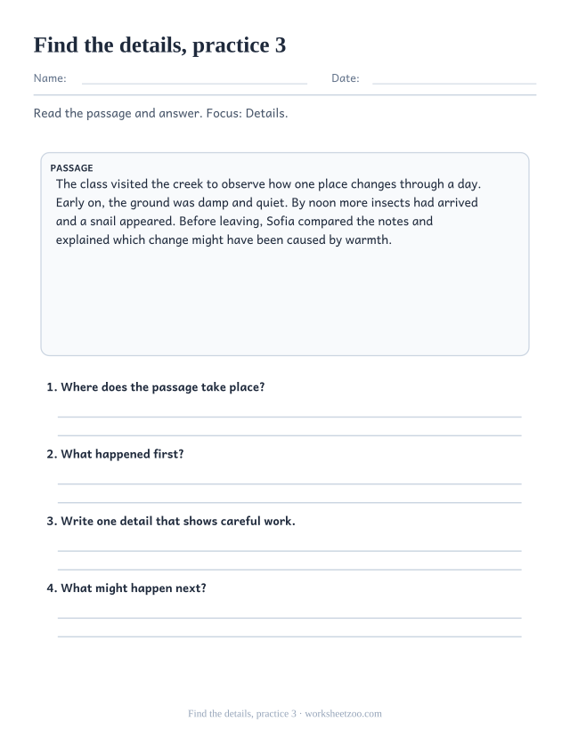 Reading Comprehension Worksheets page for Find the details, practice 3