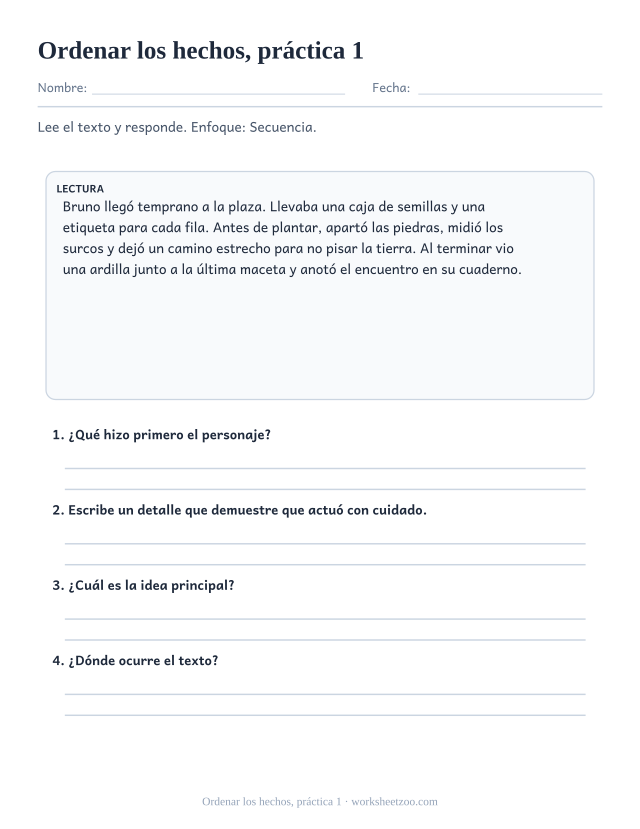 Fichas de comprensión lectora de ordenar los hechos, práctica 1