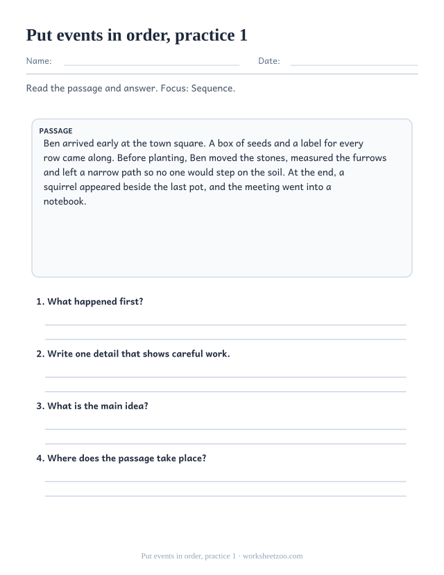Reading Comprehension Worksheets page for Put events in order, practice 1