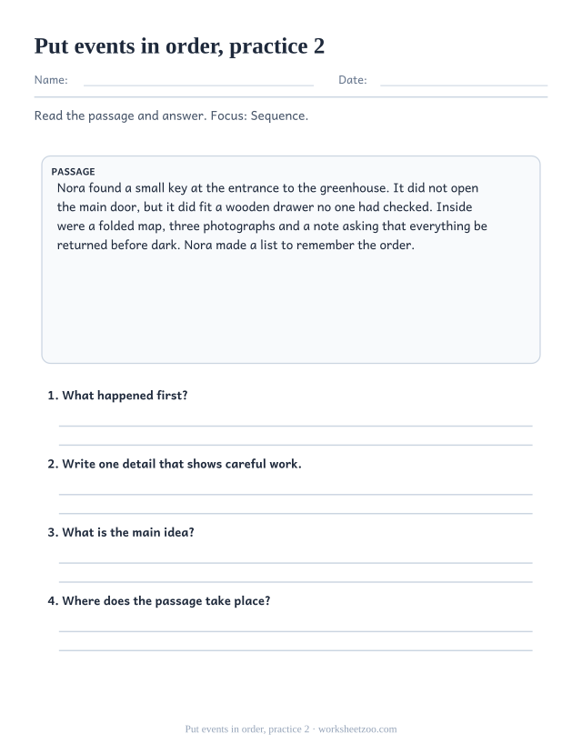 Reading Comprehension Worksheets page for Put events in order, practice 2