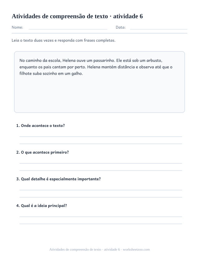 Prévia de Atividades de compreensão de texto, atividade 6 para imprimir