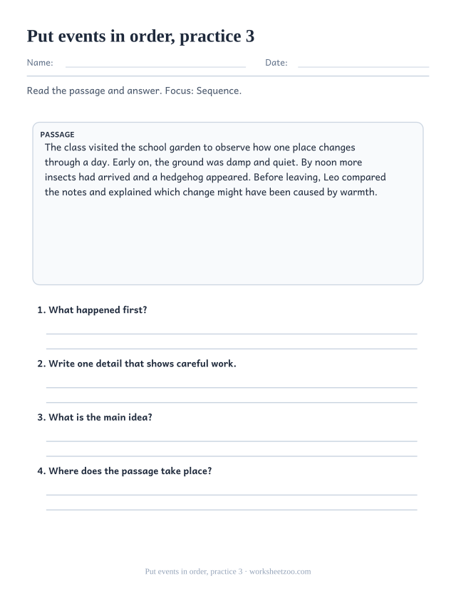 Reading Comprehension Worksheets page for Put events in order, practice 3