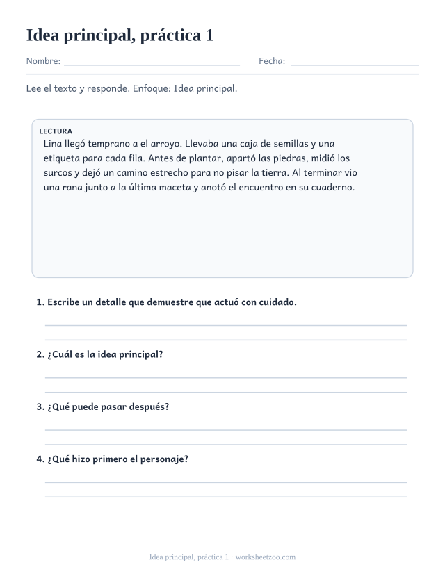 Fichas de comprensión lectora de idea principal, práctica 1