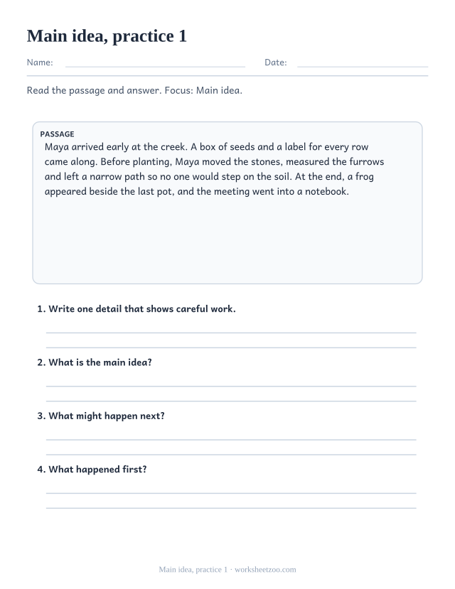 Reading Comprehension Worksheets page for Main idea, practice 1