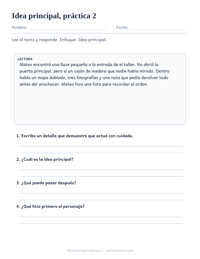 Fichas de comprensión lectora de idea principal, práctica 2