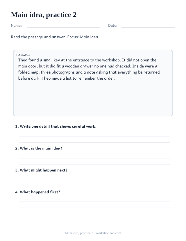 Reading Comprehension Worksheets page for Main idea, practice 2