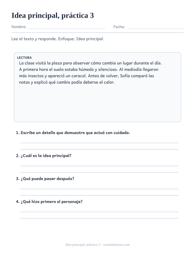 Fichas de comprensión lectora de idea principal, práctica 3