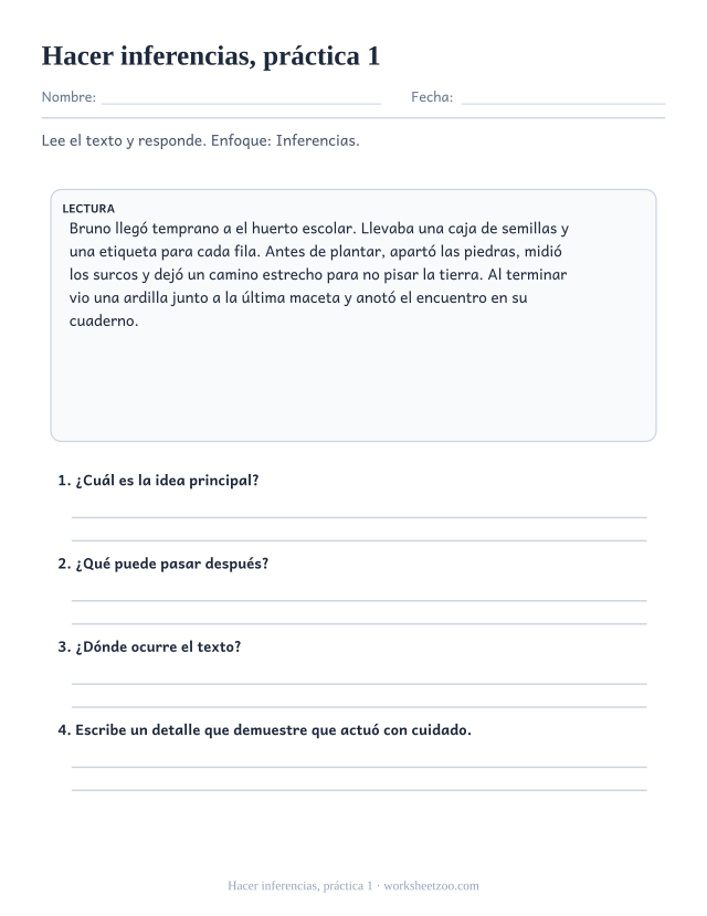 Fichas de comprensión lectora de hacer inferencias, práctica 1