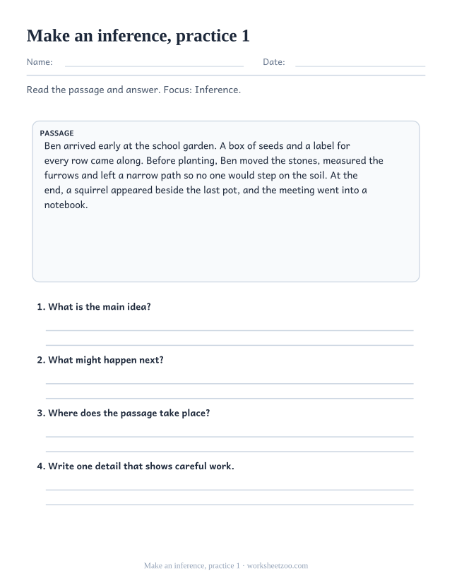 Reading Comprehension Worksheets page for Make an inference, practice 1