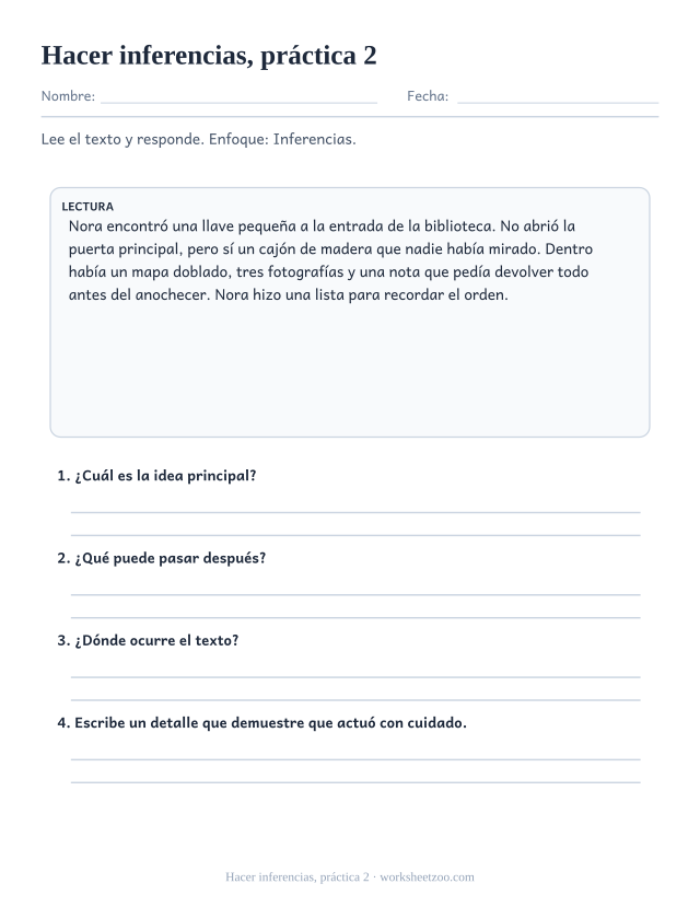 Fichas de comprensión lectora de hacer inferencias, práctica 2