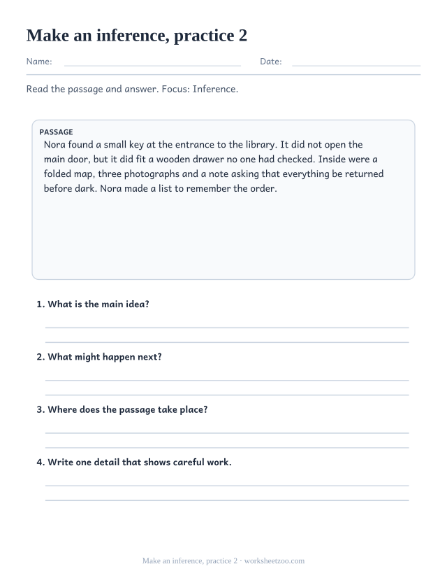 Reading Comprehension Worksheets page for Make an inference, practice 2