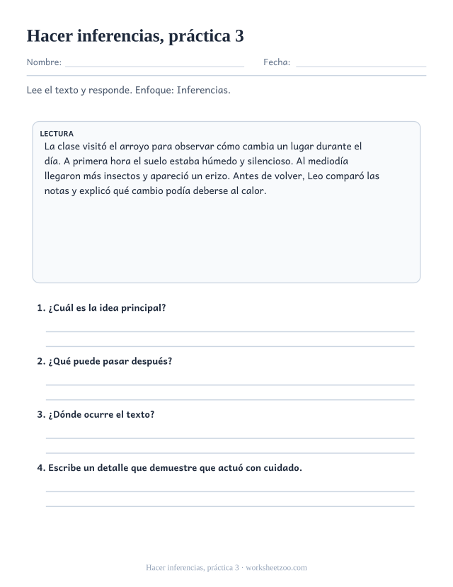 Fichas de comprensión lectora de hacer inferencias, práctica 3