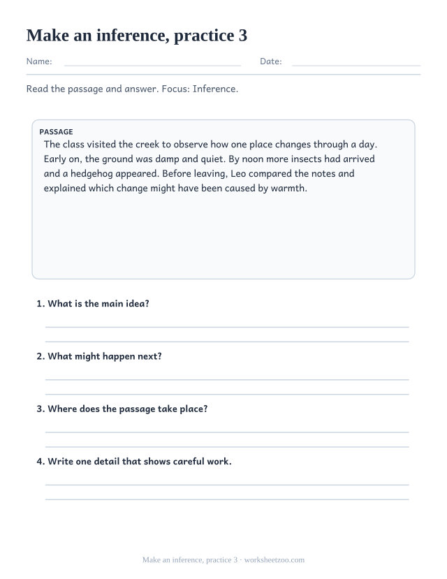 Reading Comprehension Worksheets page for Make an inference, practice 3