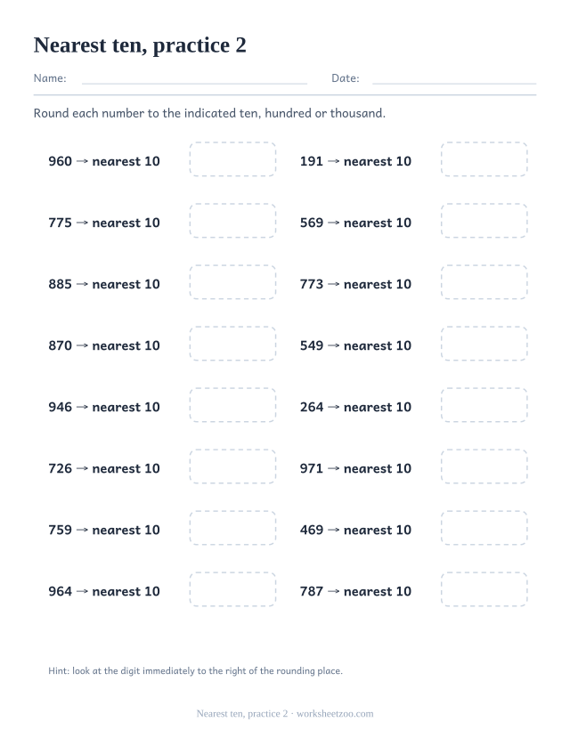 Rounding Worksheets page for Nearest ten, practice 2