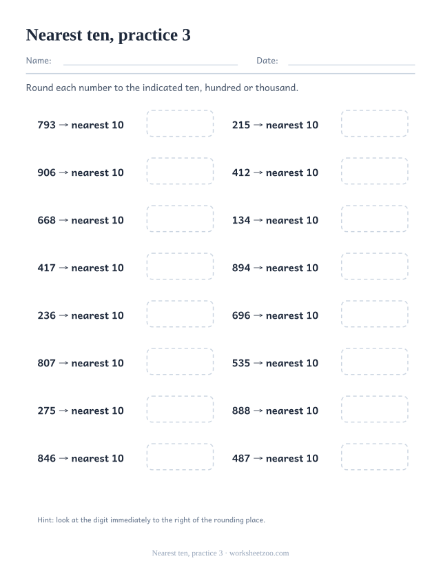 Rounding Worksheets page for Nearest ten, practice 3