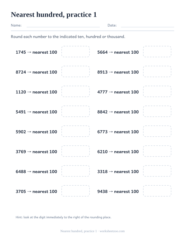 Rounding Worksheets page for Nearest hundred, practice 1