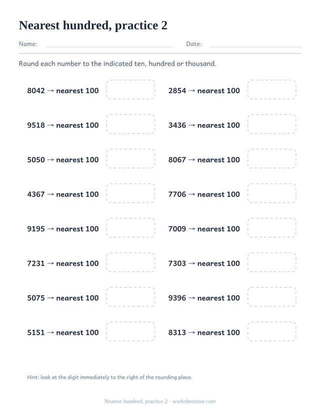 Rounding Worksheets page for Nearest hundred, practice 2