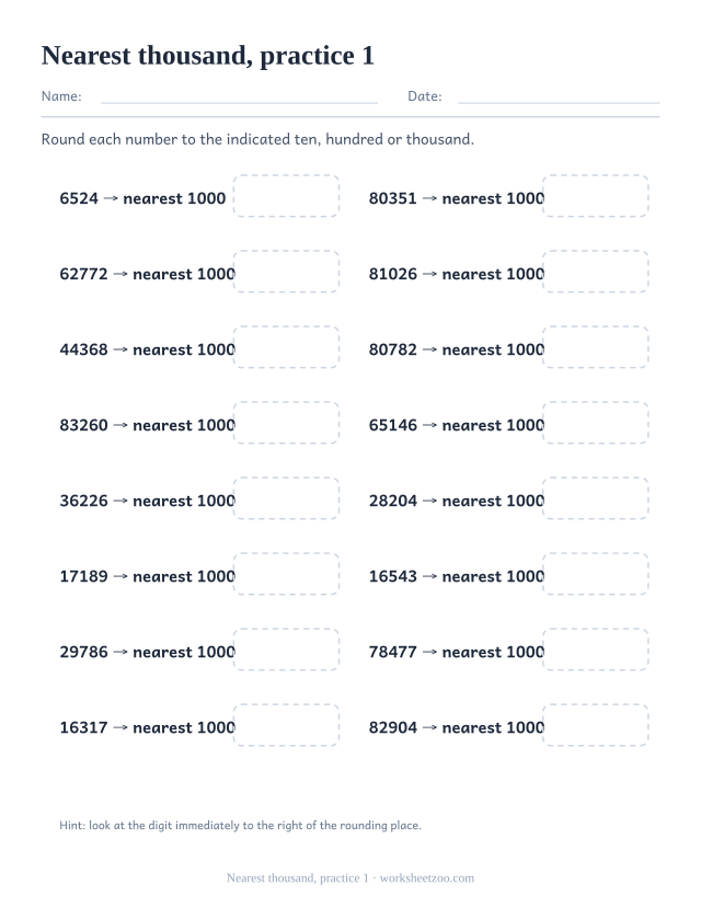 Rounding Worksheets page for Nearest thousand, practice 1