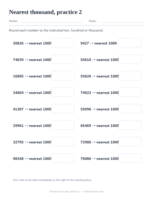 Rounding Worksheets page for Nearest thousand, practice 2
