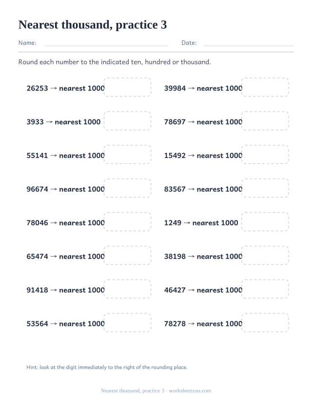 Rounding Worksheets page for Nearest thousand, practice 3