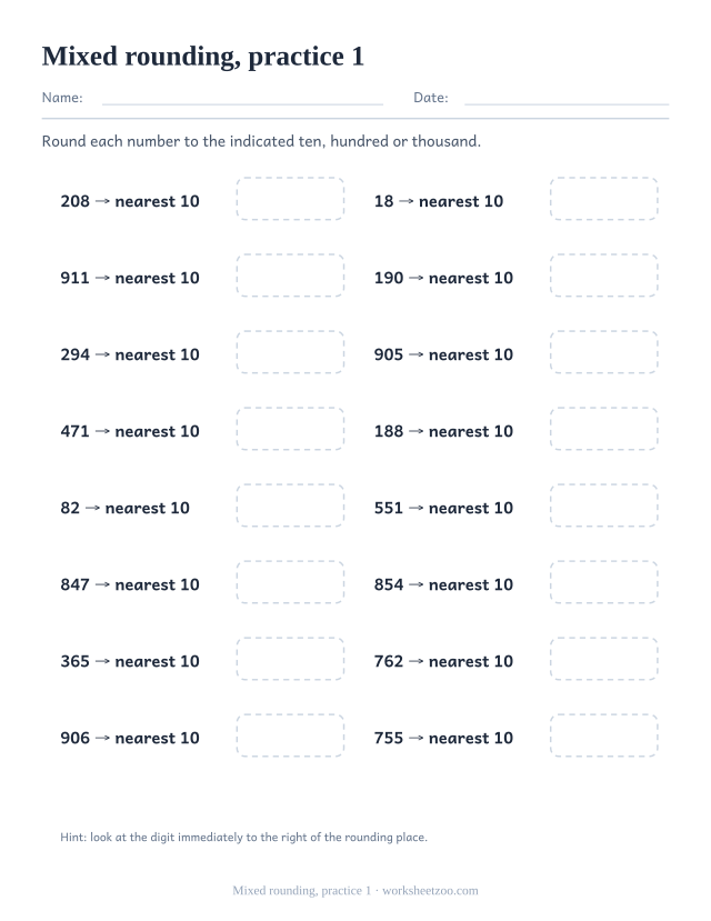 Rounding Worksheets page for Mixed rounding, practice 1